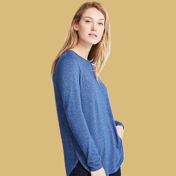 ANN TAYLOR Long Sleeve Boat Neck Tee Shirt Top Marled Blue Size L - Picture 1 of 3